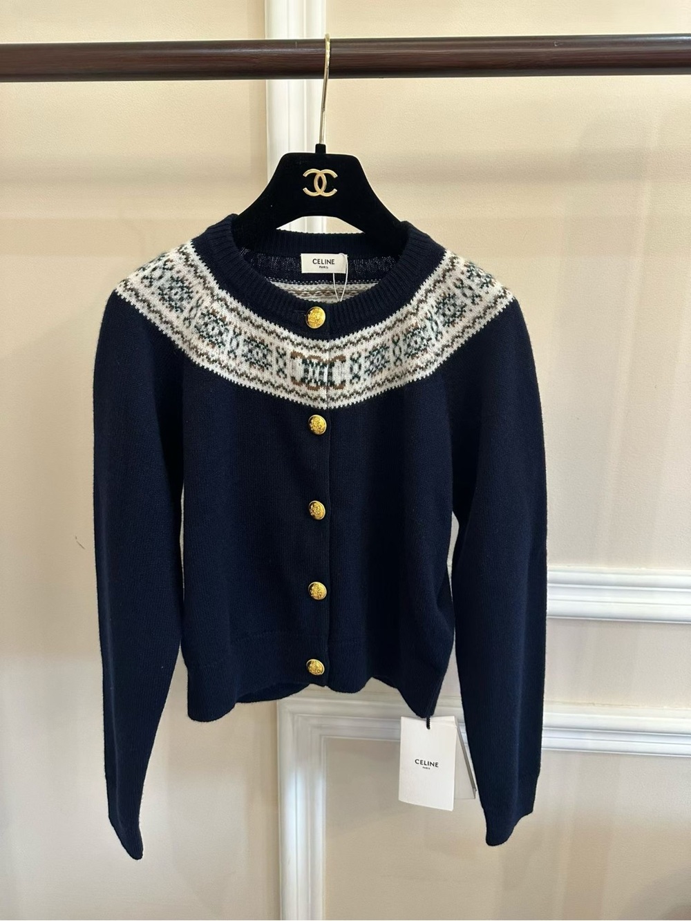 🚩steal Celine Navy and White Fair Isle Wool Cardigan